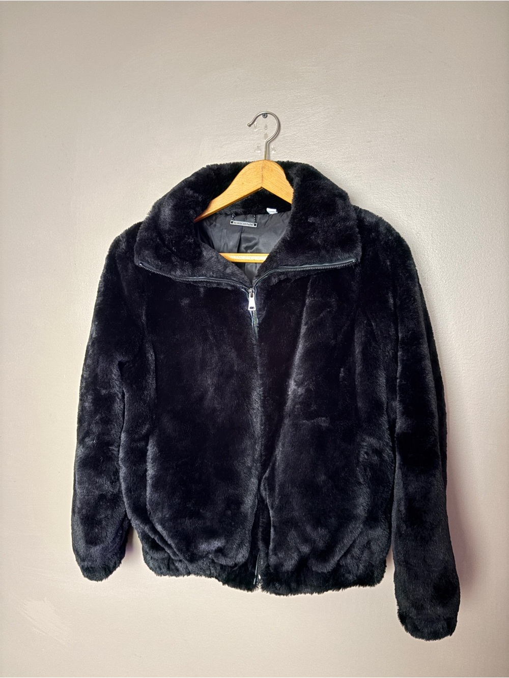 M Magaschoni Faux Fur Zip Bomber Jacket Plush Coat Black Sz M EUC
